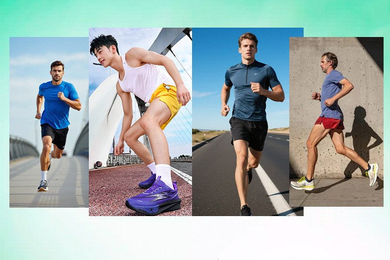 Promotional graphic for an ultra-light training partner, featuring four lifestyle photos of men jogging on bridges, roads, and outdoors, with text listing suitable scenarios including speed training, aerobic jogging, physical examination, and daily commute.