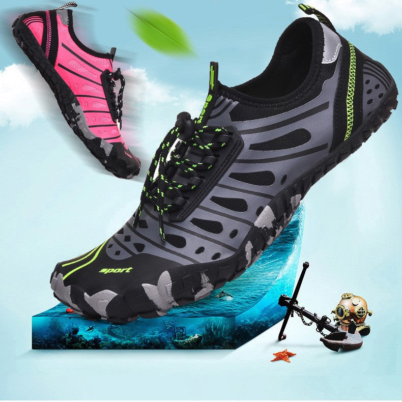 A pair of water shoes shown in a promotional graphic. The main shoe is black and gray with neon green accents, and a second shoe in pink and black appears floating in the upper left.