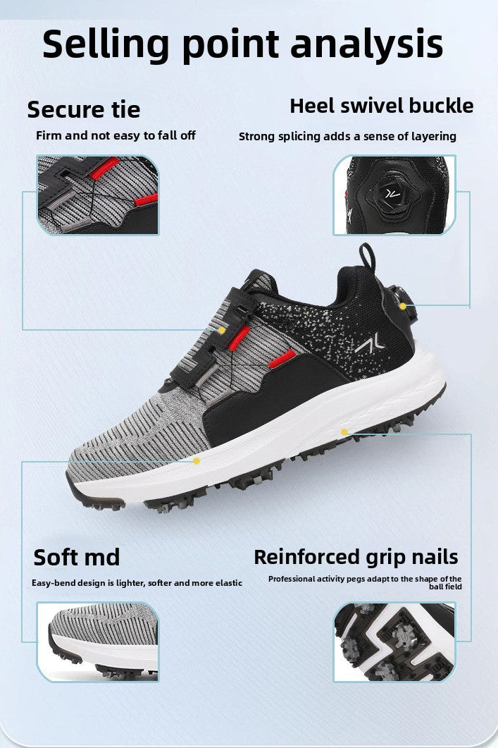 A golf shoe shown on a light blue marketing graphic with feature callouts: secure tie, heel swivel buckle, soft MD, and reinforced grip nails. The shoe is the main product, but the image is primarily an explanatory promotional layout rather than a clean standalone product shot.