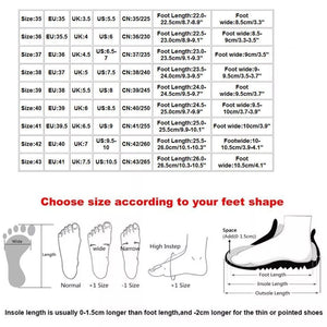 Size chart for shoes with foot measurements and shape guide.