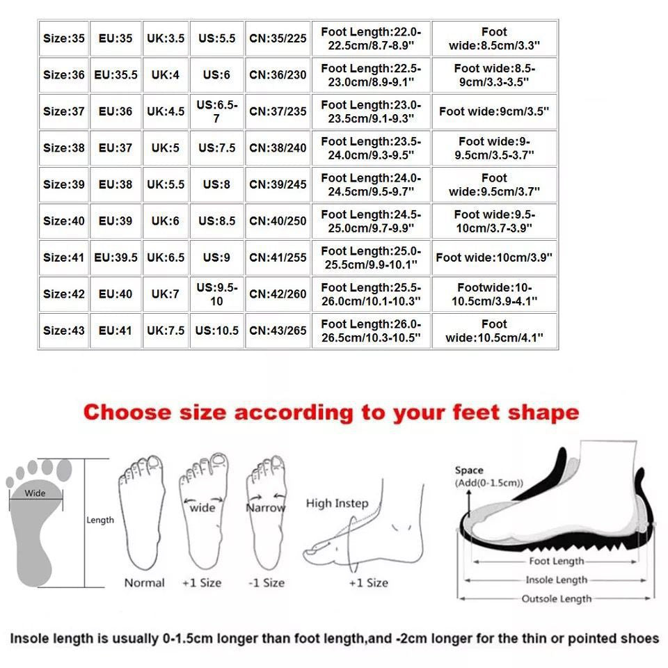 Size chart for shoes with foot measurements and shape guide.