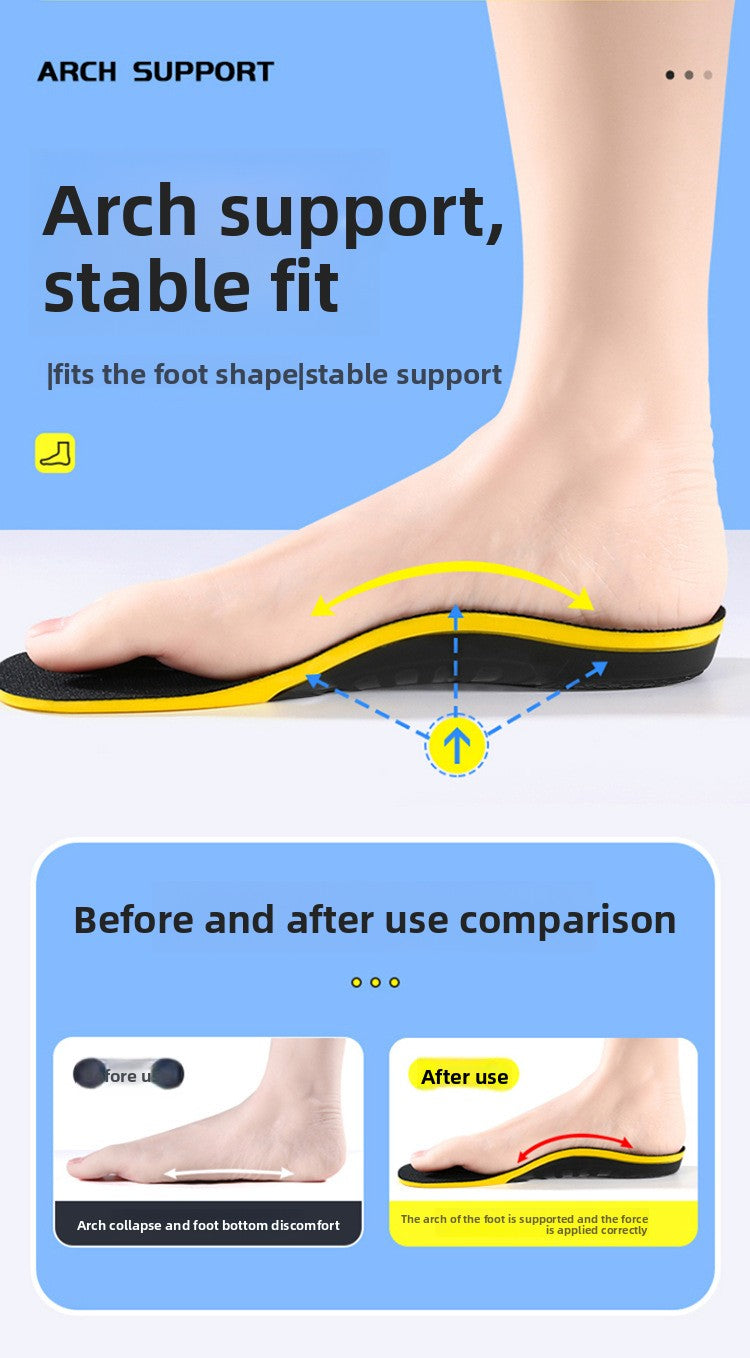 An informational marketing graphic for arch support insoles. The top half shows a human foot wearing a black and yellow arch support insert, with text reading 'Arch support, stable fit' and arrows illustrating foot shape adjustment.