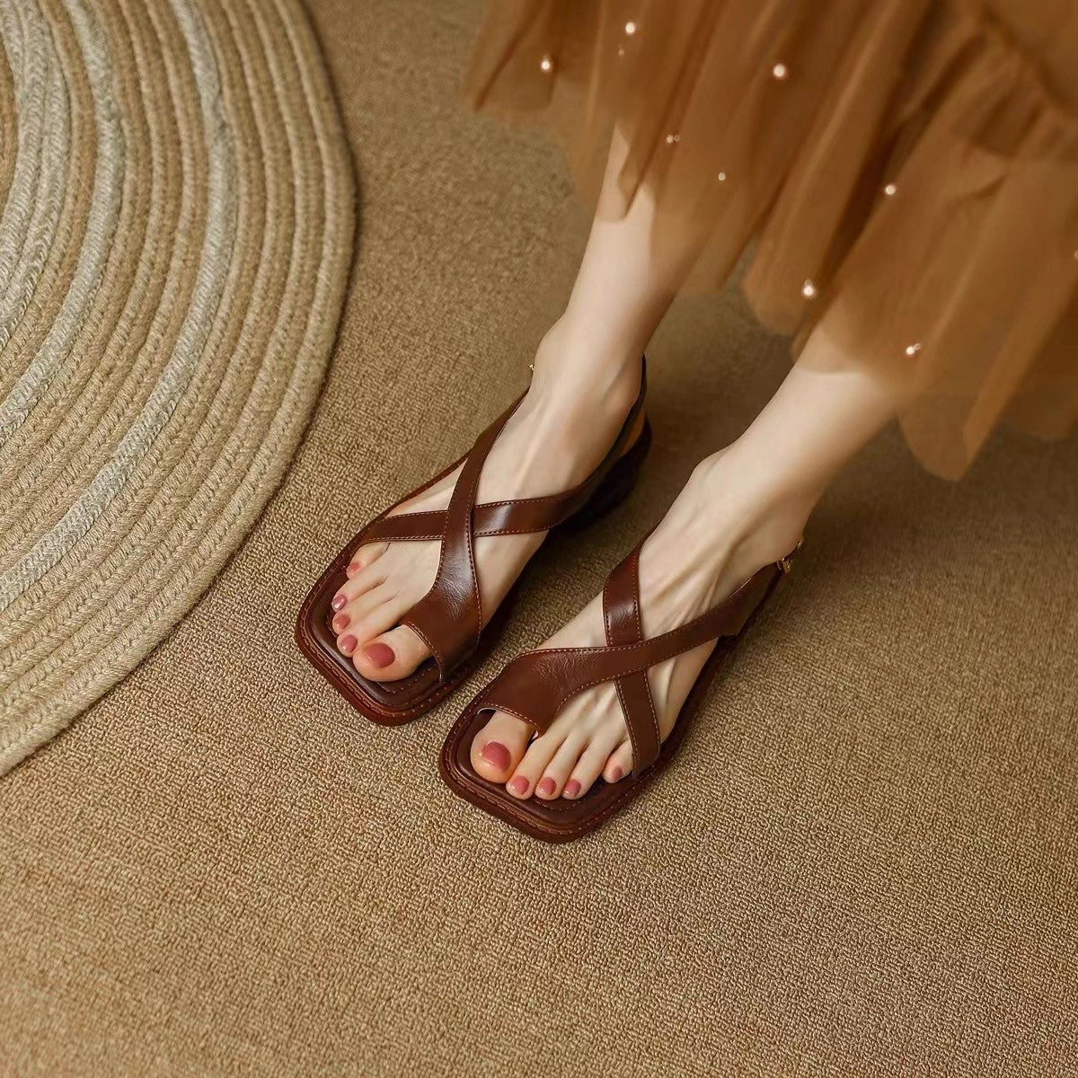 RetroStrap French Retro Square-Toe Thong Sandals, product view 2