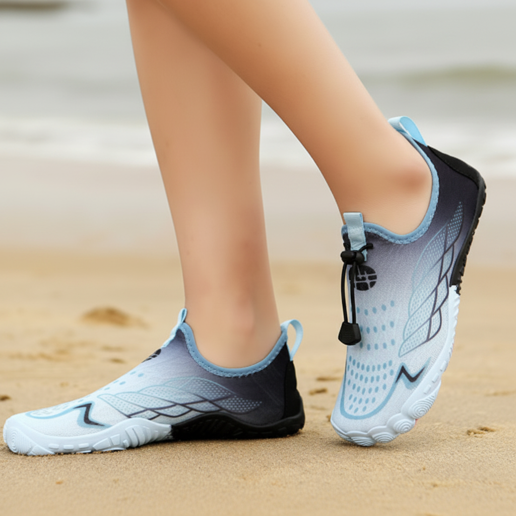 A pair of slip-on water shoes shown on a person's feet on a sandy beach, with the background showing blurred water and sand.