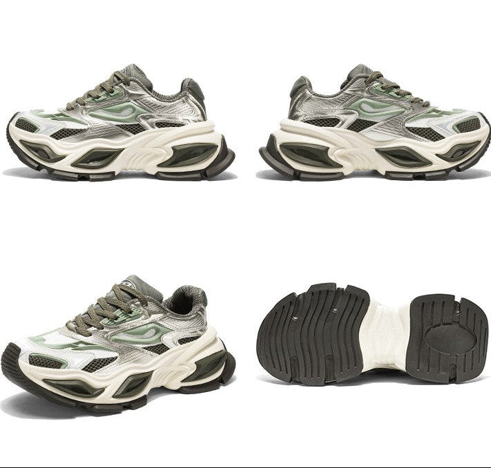 Four views of a chunky low-top sneaker shown on a white background: side profile, rear three-quarter view, angled side view, and sole view. The shoe has a mixed color palette of sage green, gray, off-white, and black, with a thick sculpted sole.