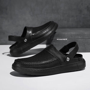 A pair of black casual clog-style shoes with perforated uppers and adjustable straps, shown on a light surface against a dark gray background. Text at the top reads 'Retro trend casual series' and 'A pair of comfortable shoes will take care of your summer'.