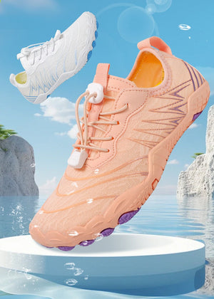 A peach-colored athletic water shoe floating above a blue water-and-rock background, with a second white shoe floating above it. Large text reads 'Cool summer' and smaller text says 'Couple's beach sandals - versatile footwear'.