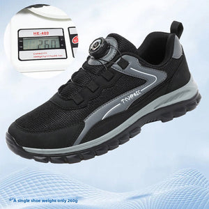 A black and gray TOMARK lightweight plaid walking shoe with a digital weight display shown in an inset circle, set against a light blue background with promotional text.