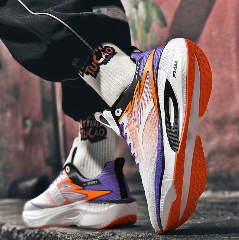 Colorful running shoes with a brand logo on a textured surface