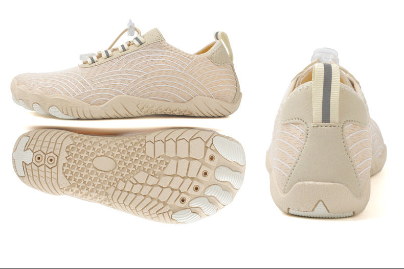 A pair of beige knit slip-on sneakers shown from multiple angles, including top-down, side, and back views, on a clean white background.