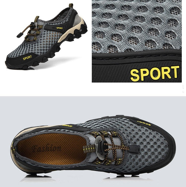 A pair of athletic mesh water shoes in gray and black with gold accents, shown from multiple angles with feature callouts including 'Delicate texture', 'Breathable dustproof mesh', and 'SPORT'.
