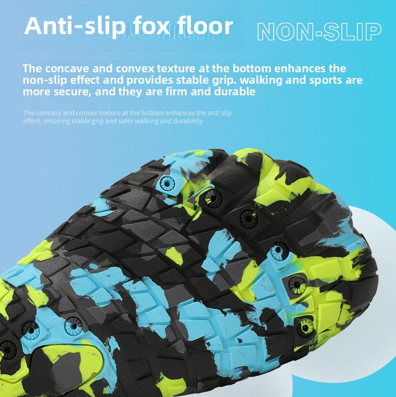 Anti-slip water shoe featuring a black, blue, and neon yellow camouflage pattern, with a close-up of the textured non-slip fox sole and a small product inset on a light blue background with white cloud shapes.