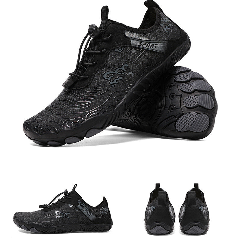 Black water sports shoes with textured patterns, shown in a main front-three-quarter view and two smaller inset views showing the side, heel, and back views on a white background.