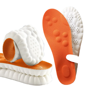 Orange and white shoe insoles with '4d cloud technology' text on a blue background