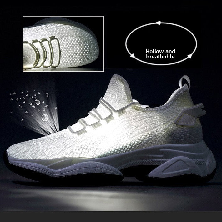 A white athletic sneaker shown on a dark background with feature callouts: a close-up inset of the side panel, a circular callout noting hollow and breathable construction, water droplets indicating waterproofing, and marketing text about height increasing shoes.