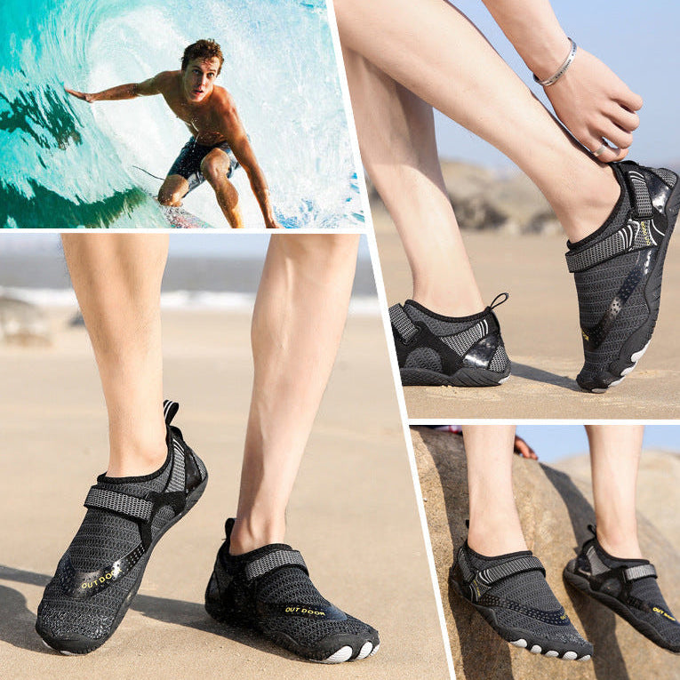 Black water shoes on a beach with a surfer in the background