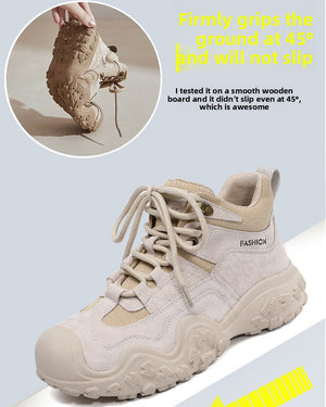 A beige and off-white lace-up high-top shoe shown on a light gray background with promotional text and a circular inset demonstrating grip strength. The shoe has a chunky sole, textured tread, and a small 'FASHION' label on the side.