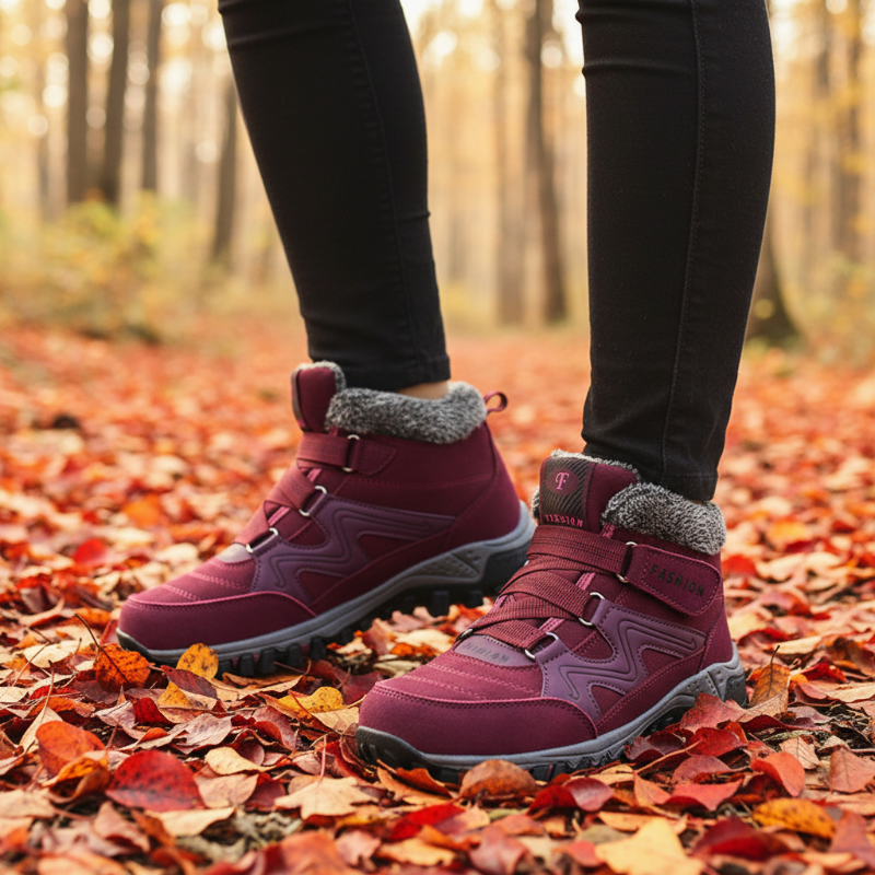 A person wearing dark burgundy mid-calf winter hiking boots with gray faux-fur trim, standing on a forest floor covered in fallen autumn leaves.