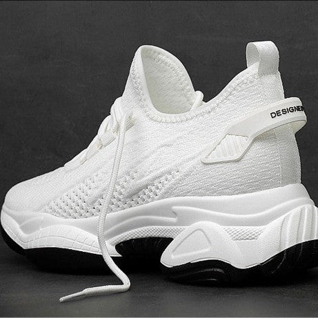 White athletic sneaker shown from multiple angles with product specifications and a size chart below, on a dark background.