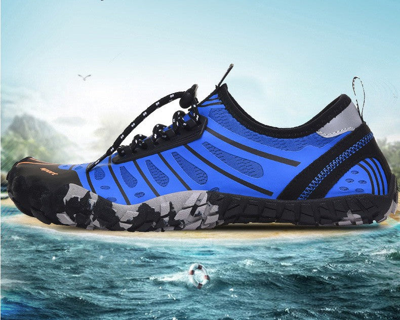 A blue and black water shoe with a gray and black camouflage pattern on the sole, shown floating above ocean water with a beach and sky in the background. The image includes the text 'summer Refreshing and smooth, stylish and free this summer'.
