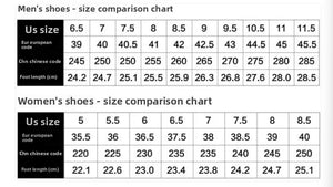 Size comparison chart for men's and women's shoes, showing US sizes, Euro European code, Chin chinese code, and foot length in centimeters in a black and white table format.
