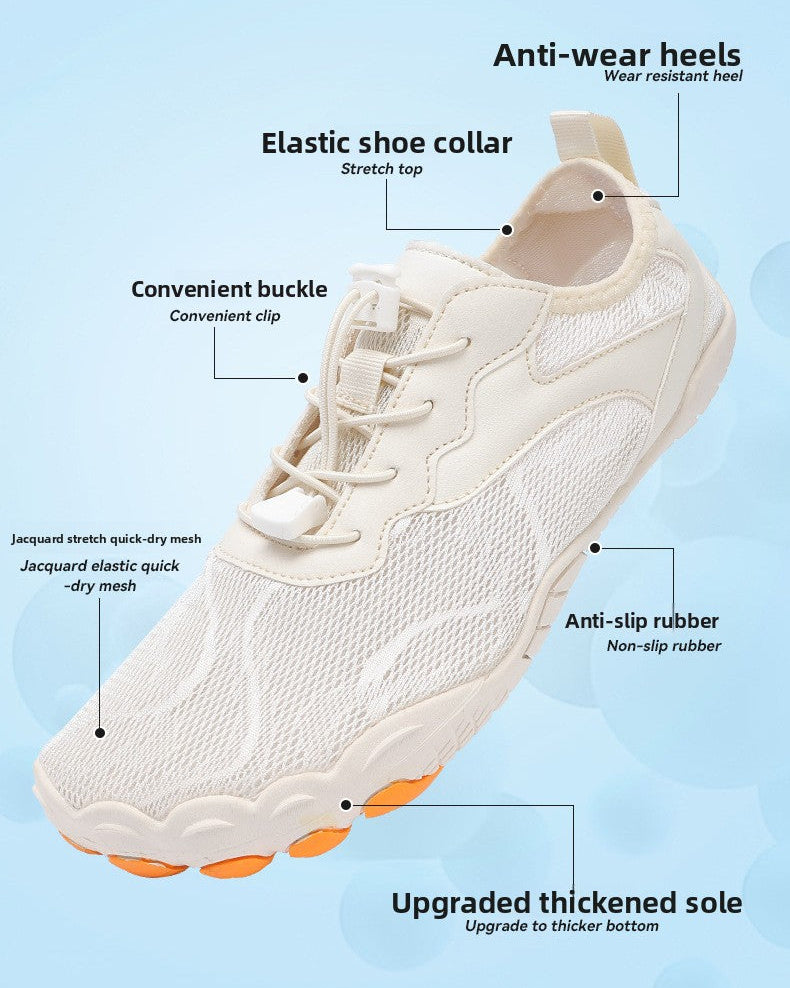 A light beige foam athletic shoe shown on a blue gradient background with callout labels pointing to features such as anti-wear heels, elastic shoe collar, convenient buckle, anti-slip rubber, and upgraded thickened sole.