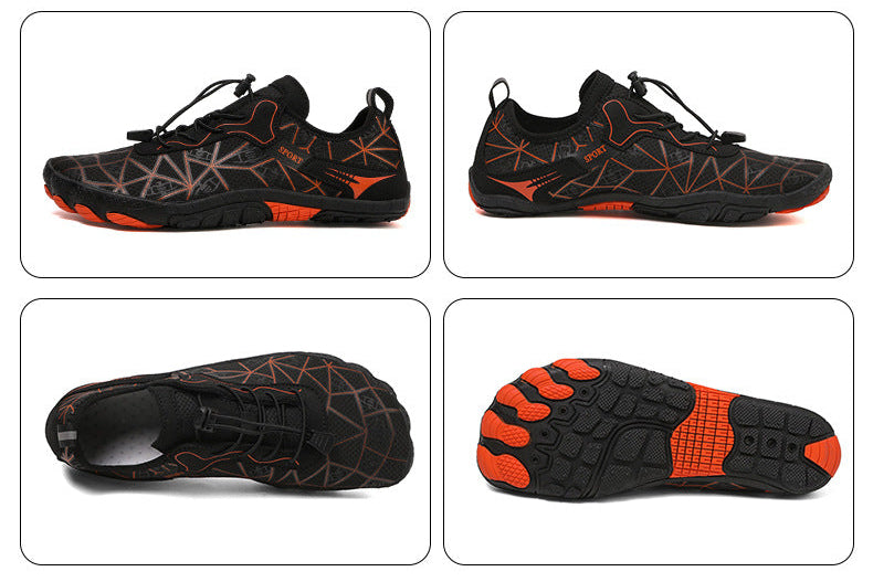 Black and orange athletic shoes with geometric sole design on a colorful background