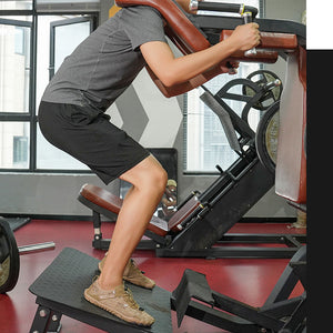 A two-panel image showing a man using a leg extension gym machine in a gym, with a close-up of his legs wearing tan athletic shoes on a treadmill below.