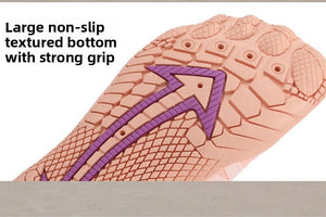 A fitness mat shown in a two-panel marketing graphic. The top panel shows a close-up of the textured pink mat with a purple arrow highlighting the grip pattern, with text reading 'Large non-slip textured bottom with strong grip.