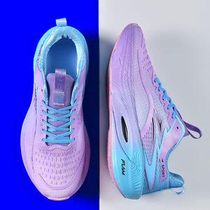 Pair of pink and blue running shoes on a white and blue background