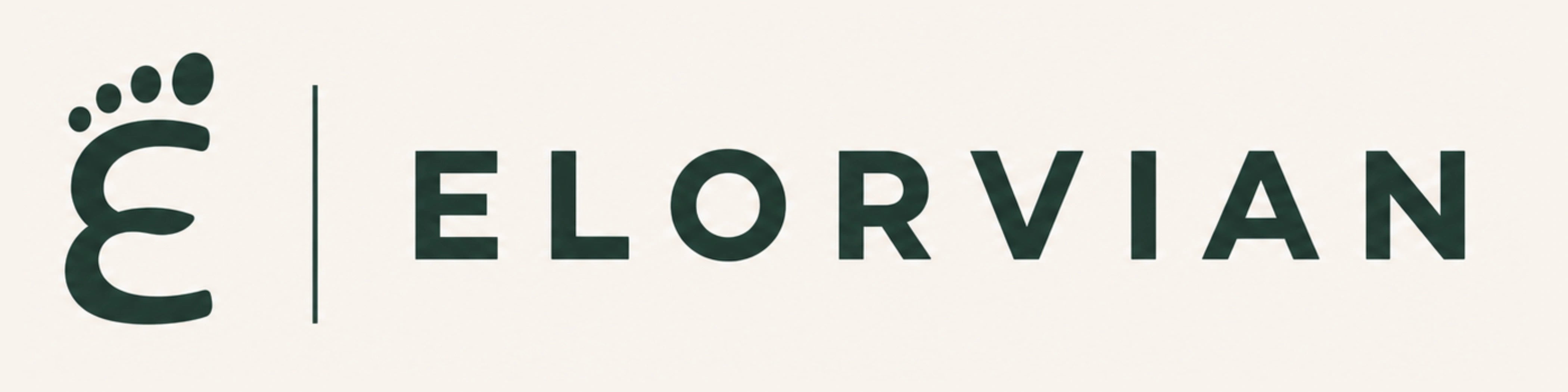A logo-style graphic with a dark green paw-print icon and vertical divider on the left, and the word 'ELORVIAN' in dark green uppercase letters on a light warm beige background.