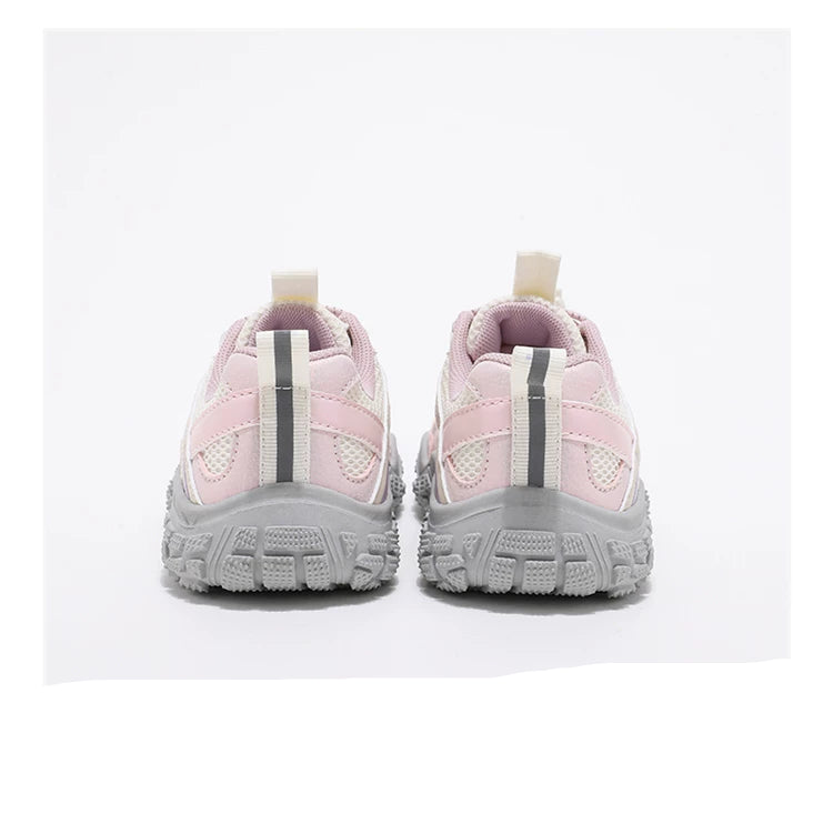 A pair of light pink and gray running shoes shown from the back, displayed on a clean white background with the text 'EASY TO BENO RUNNING SHOES' underneath.