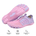 A pair of women's minimalist water shoes in pink and light purple, showing the top, sole, and laces, with three feature icons and text below on a white background.