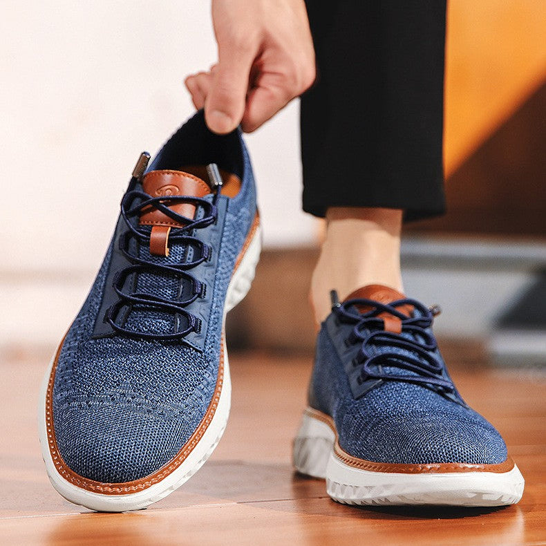 A person wearing a black top and pants is shown holding up a blue textured sneaker, with a second matching sneaker on the floor beside them. The image includes promotional text at the top about the shoe's styling versatility.