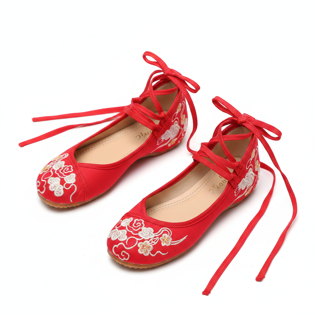 A pair of red flat shoes with white floral embroidery on the toes and heels, featuring red lace-up ankle straps, photographed on a clean white background.