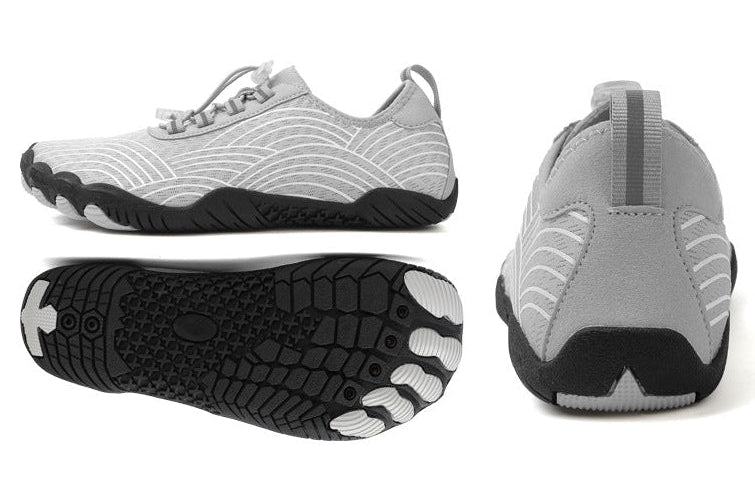 A pair of light gray and white water shoes with black soles, shown in multiple views including a top-down view, side profile, and back view. The shoes feature a textured knit upper, lace-up front, and yellow lining visible inside.