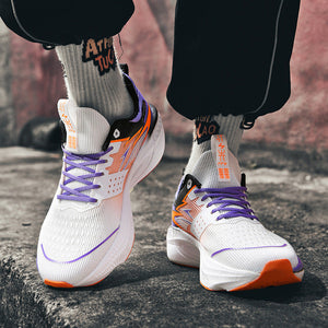 White sneakers with orange and purple accents worn by a person, with text 'Stylish Men Fashion' in the background.