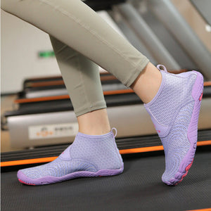 Three-panel collage showing a person wearing light purple knit slip-on water shoes while standing on a treadmill. The shoes have a breathable mesh upper and flexible soles, with a small pink accent on the outsole.