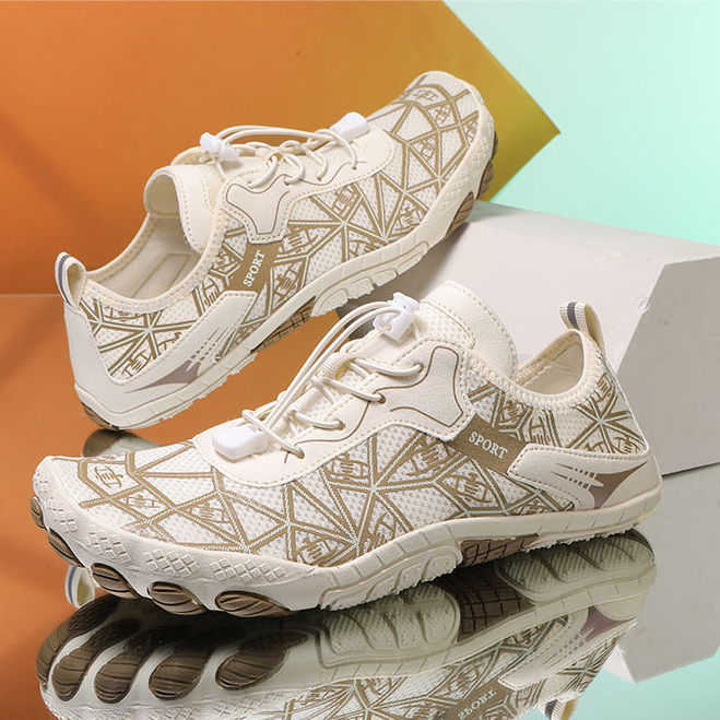 A pair of low-top athletic sneakers shown in a collage layout, with a large main view at the top and four smaller detail views below. The shoes are primarily off-white/cream with beige and light brown geometric pattern overlays and laces.