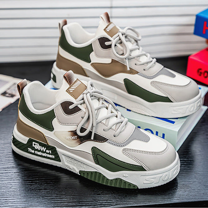 Pair of white and green sneakers on a magazine with text overlay.