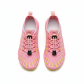 A pair of pink mesh athletic water shoes with yellow accents and black adjustable laces, shown from a top-down view on a white background.