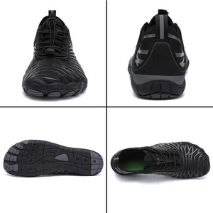 Elorvian MoveEase walking shoe in black, multiple angle views on white background