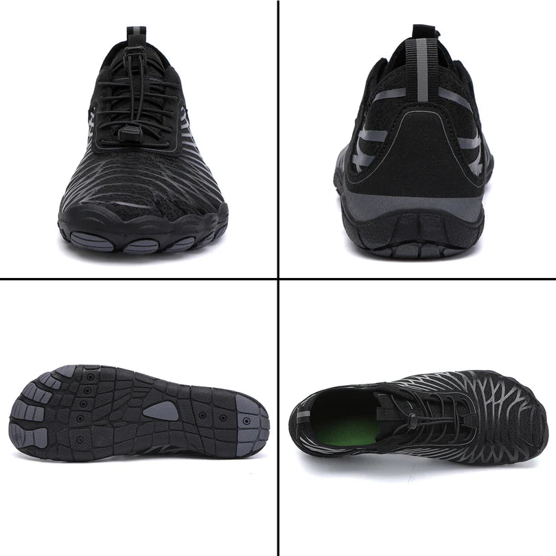 Elorvian MoveEase walking shoe in black, multiple angle views on white background