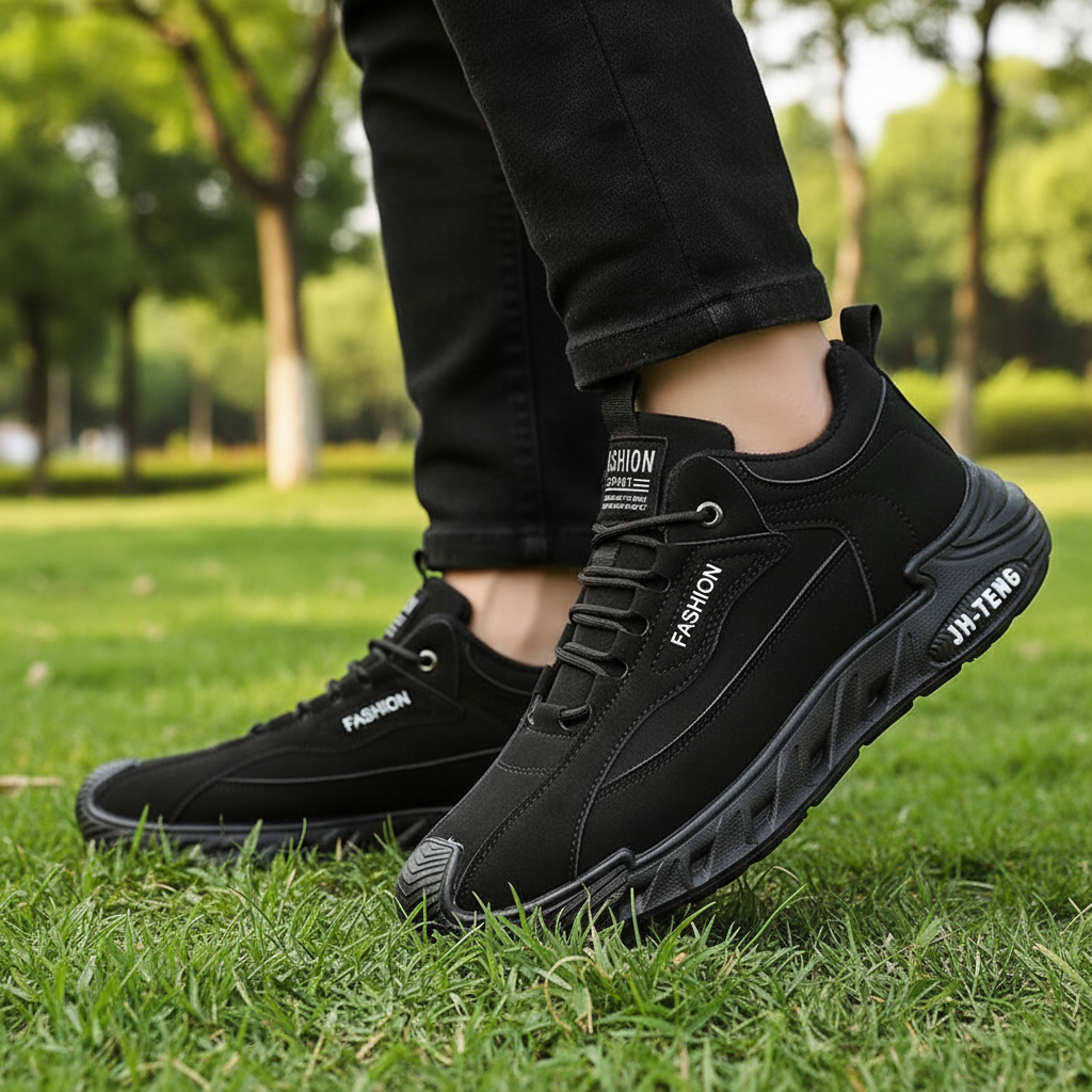 Black sneaker with 'Fashion' text on a yellow background