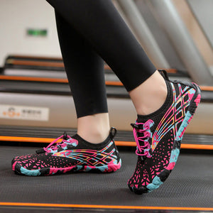 Colorful athletic shoes worn on a treadmill