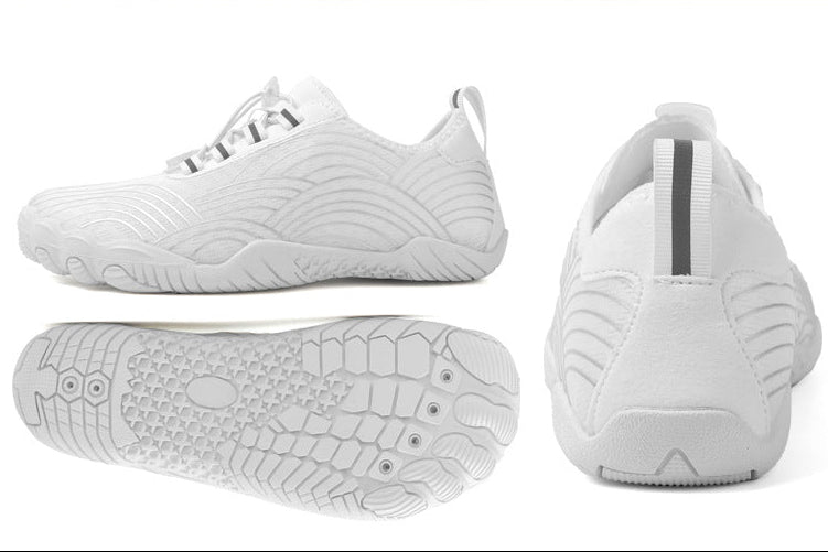 White low-top athletic sneakers shown from multiple angles, including side, front, sole, and back views, on a clean white background with a light blue decorative panel.
