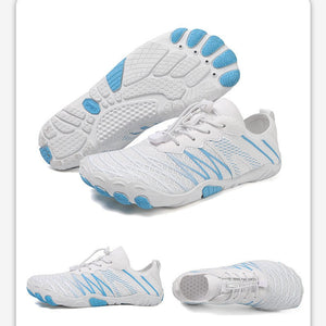White minimalist five-toed shoe with light blue accents, shown from multiple angles on a white background under the heading '# Product display'.