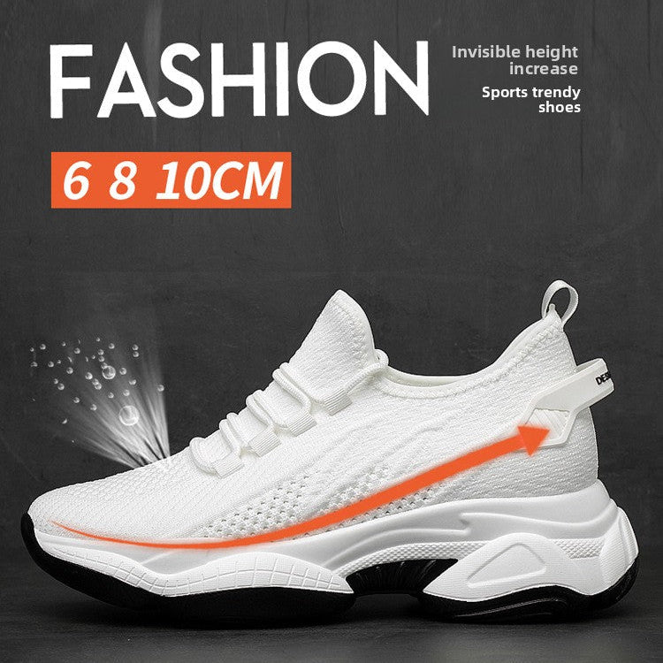A white athletic sneaker shown in profile against a dark gray background, with promotional text reading 'FASHION', '6 8 10CM', and small marketing copy about invisible height and sports trendy shoes. The shoe has an orange graphic arrow and orange accent line, plus a black outsole edge.