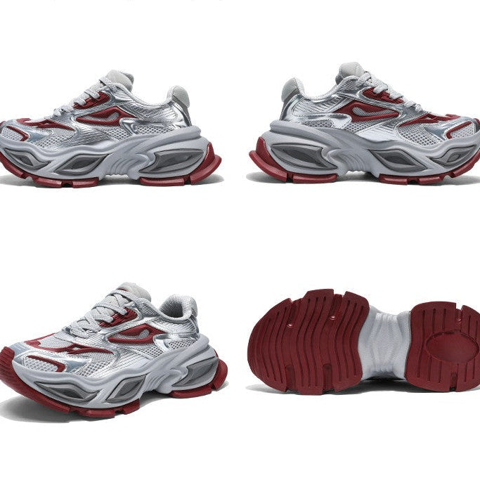 Four views of a chunky white and red sneaker on a white background, showing the side, front, back, and sole.