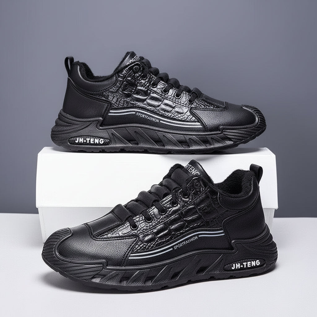 Black sneakers with 'JH-TENG' branding on a gray background